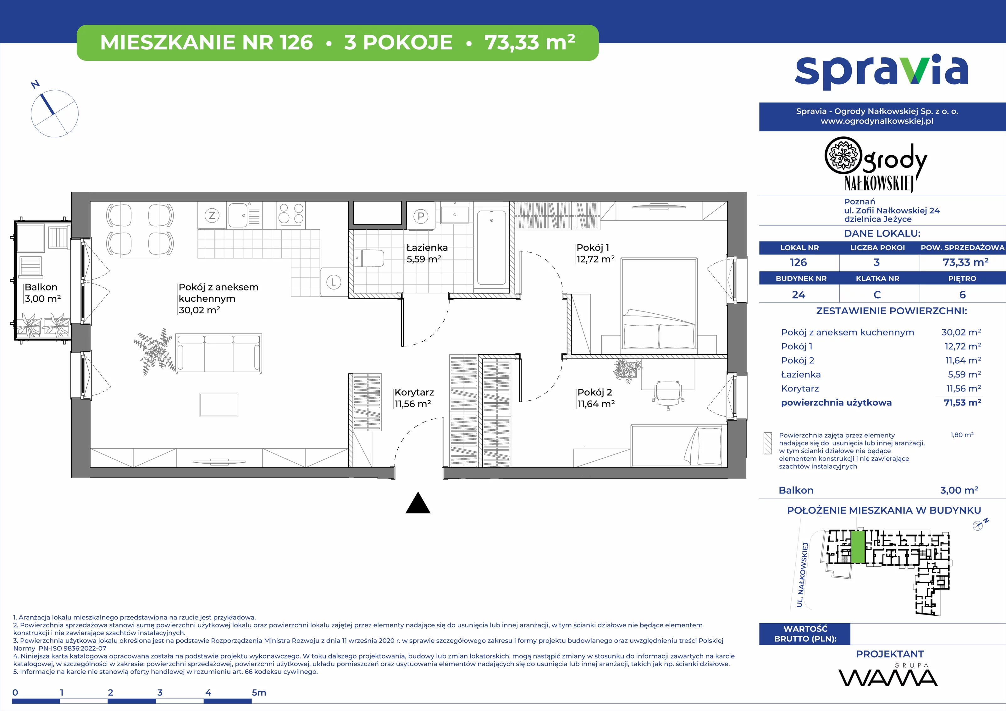 3 pokoje, mieszkanie 73,33 m², piętro 6, oferta nr 24-126, Ogrody Nałkowskiej, Poznań, Ogrody, ul. Nałkowskiej 24, 26